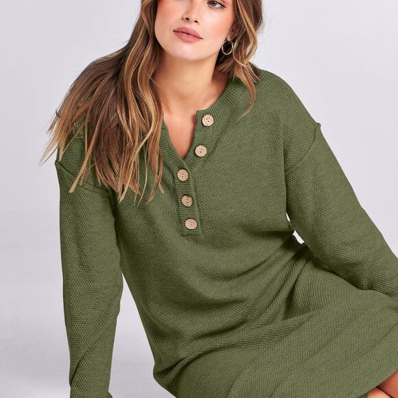 Women Long Sleeve Button V Neck Casual Loose Fit Waffle Knit Dress Green - Picture 7 of 8